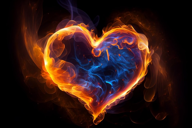 Beautiful and colorful heart of fire isolated on black background Generative AI illustration