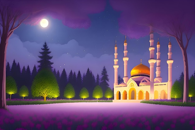 Beautiful and colorful illustration of mosque with trees flowers and peaceful sky serene vibrant