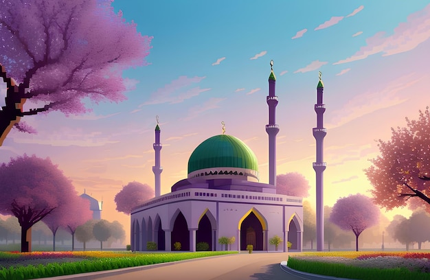 Beautiful and colorful illustration of mosque with trees flowers and peaceful sky serene vibrant