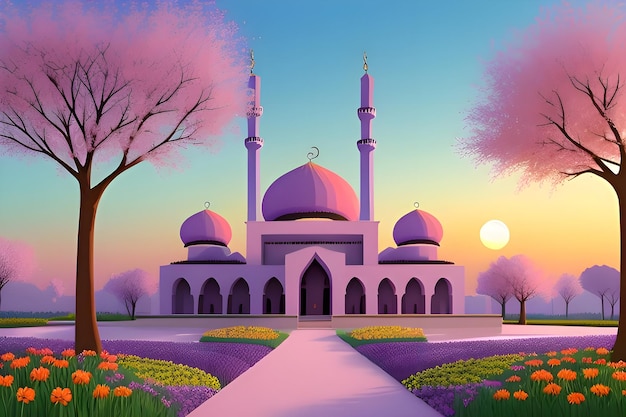 Beautiful and colorful illustration of mosque with trees flowers and peaceful sky serene vibrant