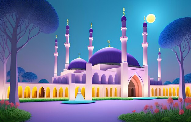 Beautiful and colorful illustration of mosque with trees flowers and peaceful sky serene vibrant