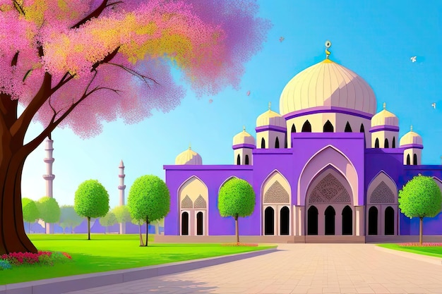 Beautiful and colorful illustration of mosque with trees flowers and peaceful sky serene vibrant