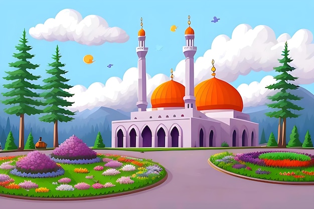 Beautiful and colorful illustration of mosque with trees flowers and peaceful sky serene vibrant