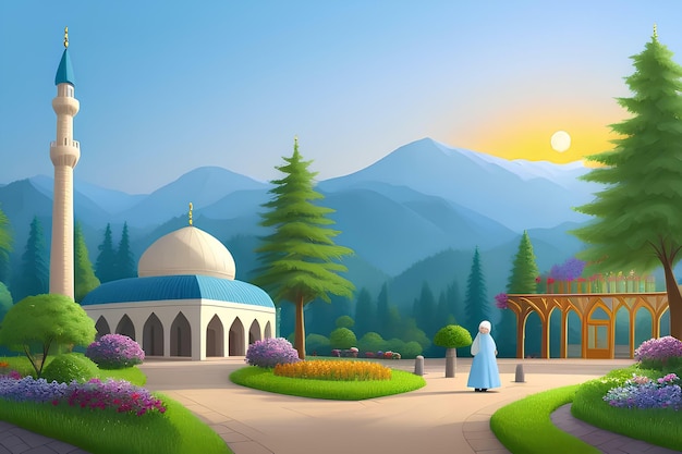 Beautiful and colorful illustration of mosque with trees flowers and peaceful sky serene vibrant