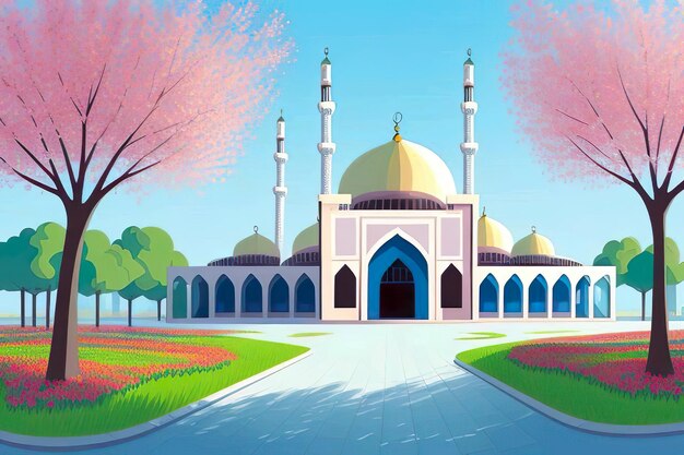 Beautiful and colorful illustration of mosque with trees flowers and peaceful sky serene vibrant