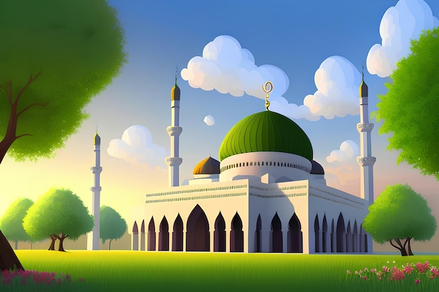 Beautiful and colorful illustration of mosque with trees flowers and peaceful sky serene vibrant