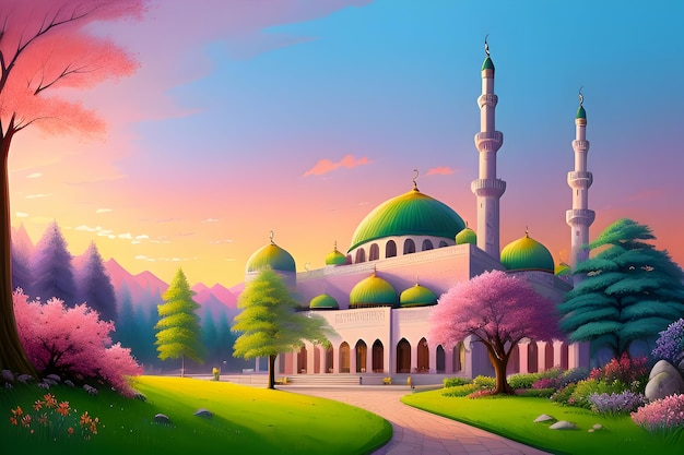 Beautiful and colorful illustration of mosque with trees flowers and peaceful sky serene vibrant