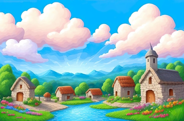 Beautiful and colorful illustration of village with trees flowers and peaceful sky landscape serene