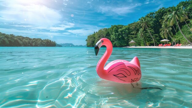 Photo beautiful colorful inflatable flamingo figure swimming in clear blue water on the beach of a resort