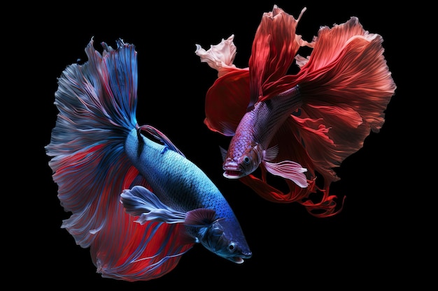 Beautiful colorful red and blue of siamese betta fish in plain dark black background Made with Generative AI