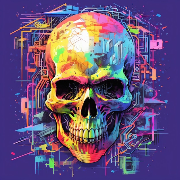 A beautiful colorful skull with a technology design with cyberpunk style