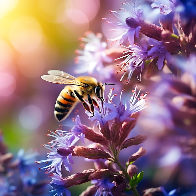 Beautiful colorful summer spring natural flower background Bees working on a bright sunny day