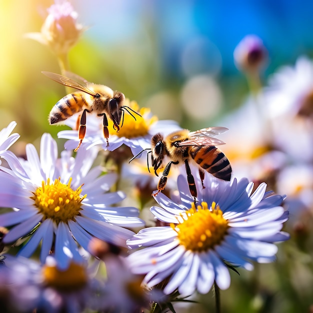 Beautiful colorful summer spring natural flower background Bees working on a bright sunny day