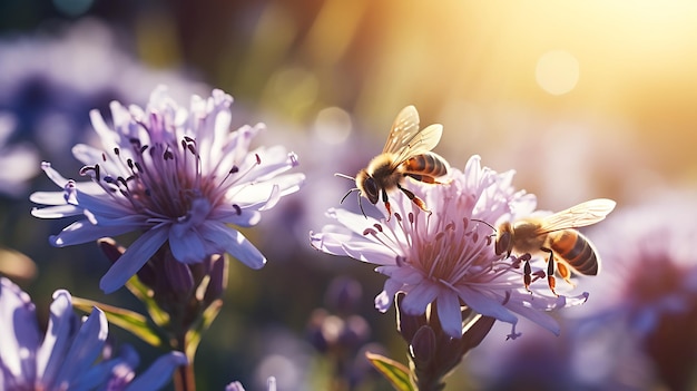 Beautiful colorful summer spring natural flower background Bees working on a bright sunny day