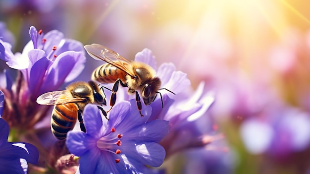 Beautiful colorful summer spring natural flower background Bees working on a bright sunny day