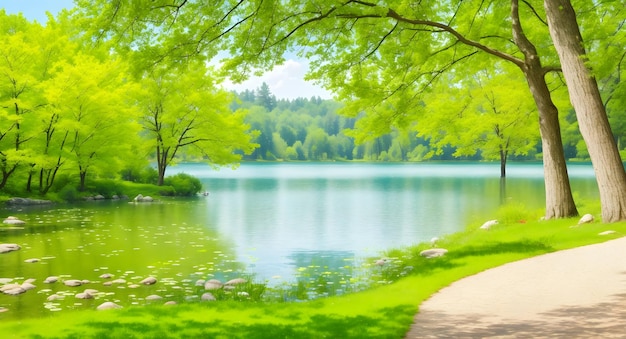 Beautiful colorful summer spring natural landscape with a lake in Park surrounded generated ai