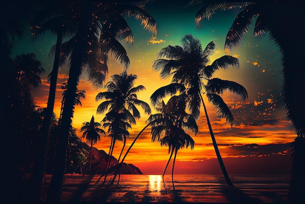 Beautiful Colorful Sunset Background Tropical Ocean beach Illustration Generative AI