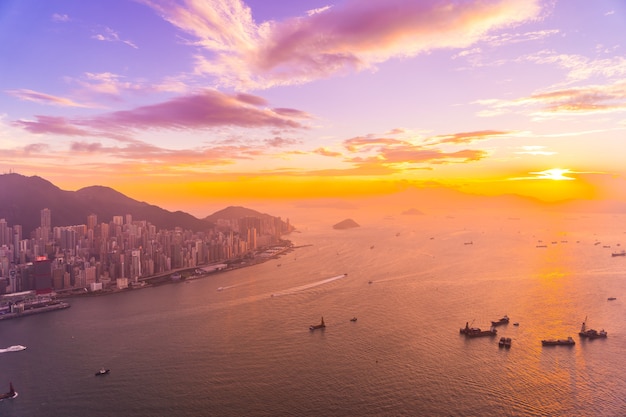 Beautiful colorful sunset in hong kong city skyline