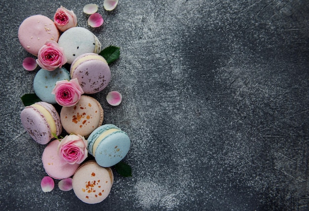 Beautiful colorful tasty macaroons and pink roses on a concrete background