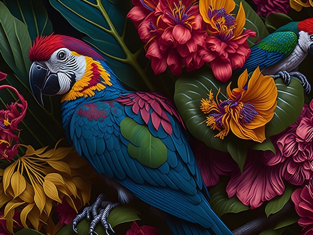 Beautiful Colorful tropical design with parrots and flowers highly detailedcinematicAi generated