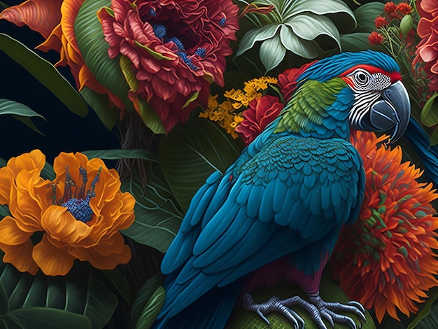 Beautiful Colorful tropical design with parrots and flowers highly detailedcinematicAi generated