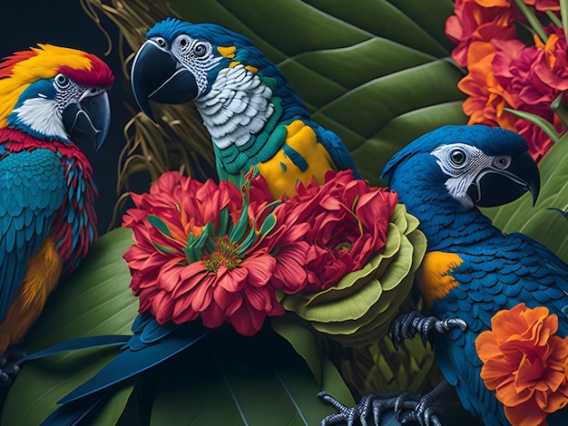 Beautiful Colorful tropical design with parrots and flowers highly detailedcinematicAi generated