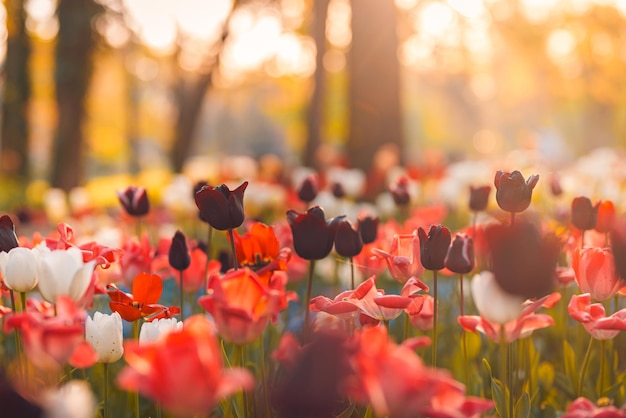 Beautiful colorful tulips blooming in forest meadow field. Peaceful blurry sunset nature landscape