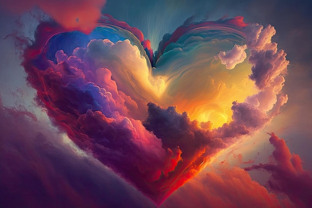 Beautiful colorful valentine day heart in the clouds as abstract background ai generative