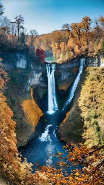 Beautiful and colorful waterfall in deep forest during idyllic autumn