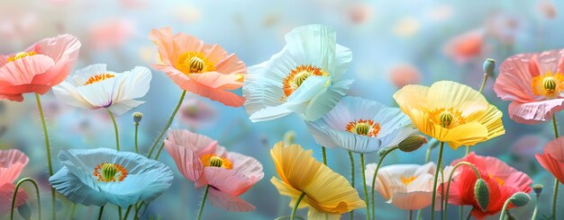 Beautiful colorful widescreen flower border of multicolored poppies in nature closeup on pale blue background with soft selective focus Light airy artistic image nature