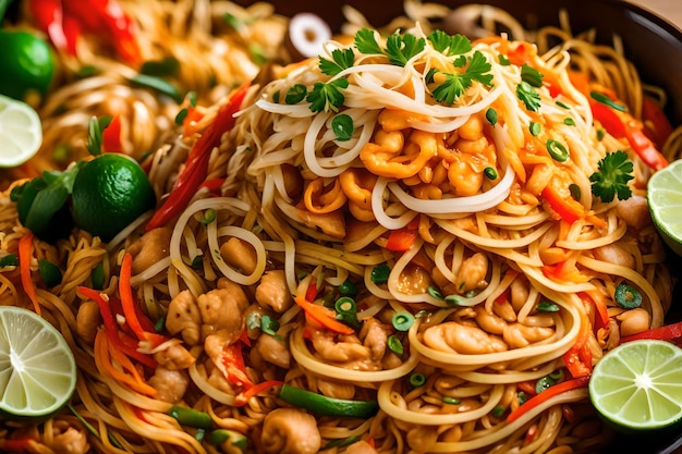 The beautiful colors of Thai pad Thai look even more delightful when placed near a fancy kitchen island Creative resource AI Generated