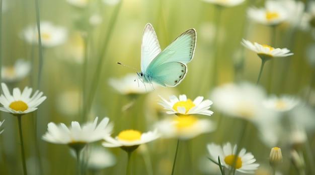 Beautiful and colourful butterfly fluttering over the delicate Bellamy flowers daisies on a Sunny summer day generate ai