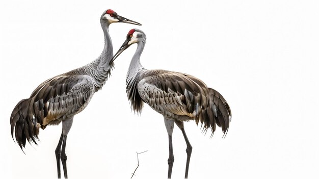 Photo beautiful common crane pair mating in isolated white background