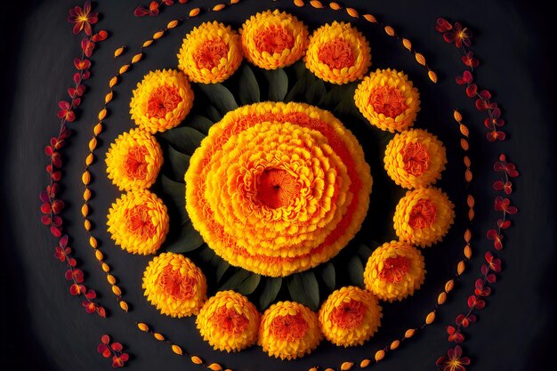 Beautiful composition of circled petals and marigold flowers