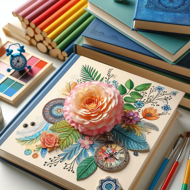 Beautiful composition of different colorful books with flower