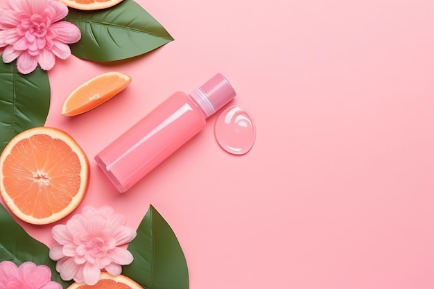 Beautiful composition with cosmetics fruits flowers on pink background flat lay Generative AI