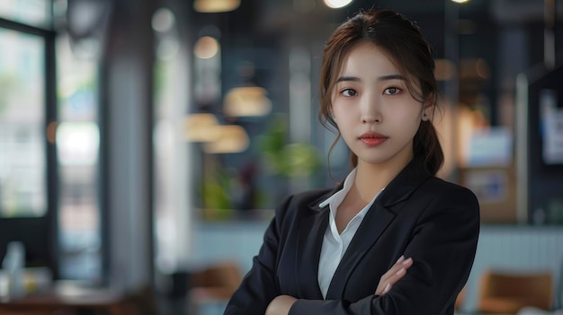 A Beautiful And Confident Asian Businesswoman Stands With Her Arms Crossed High Quality