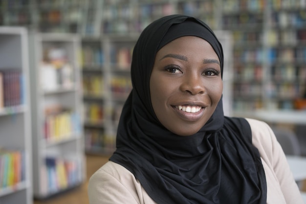 Beautiful confident muslim woman wearing black hijab looking at camera copy space