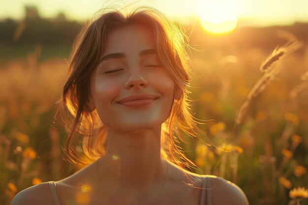 Beautiful content smiling free woman in a backlit portrait Generative Ai