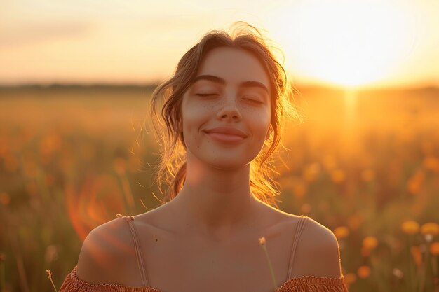 Beautiful content smiling free woman in a backlit portrait Generative Ai