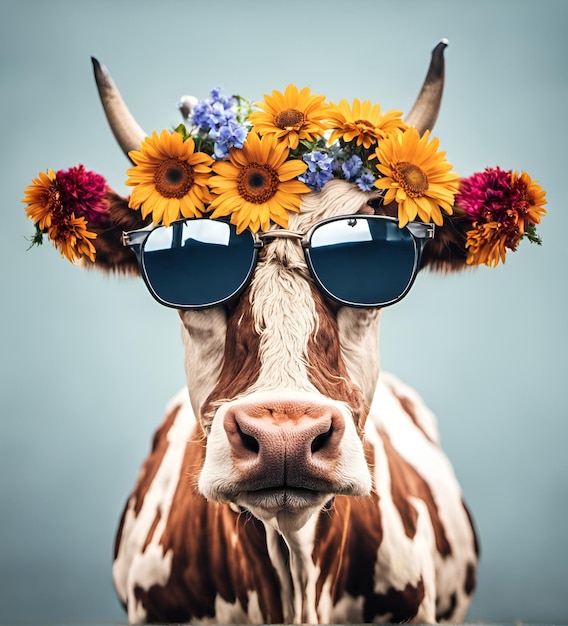 Beautiful cool cow portrait in sunglasses with flowers on head