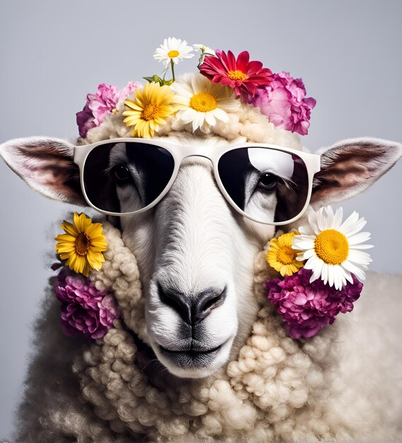 Beautiful cool sheep portrait in sunglasses with flowers on head