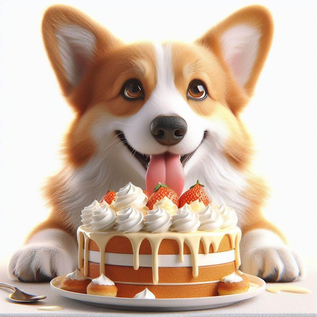 Beautiful Corgi dog delicious cake licks cream