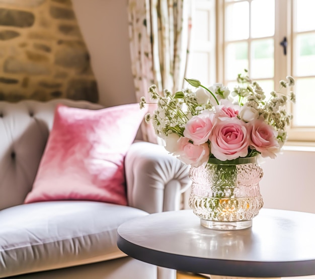 Beautiful cottage decor pink flowers in a glass vase and sofa with pink velvet cushion Generative AI