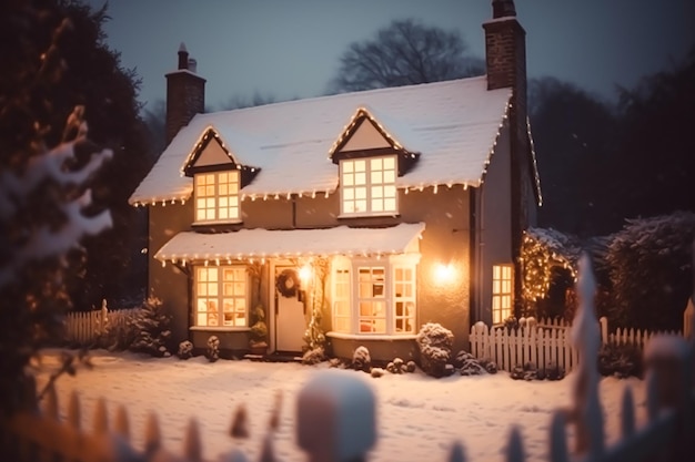 Beautiful country cottage decorated for Christmas on a snowy winter evening holiday and celebration postprocessed generative ai