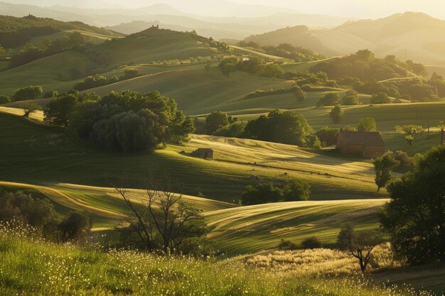 Photo a beautiful countryside scene with a large house in the distance