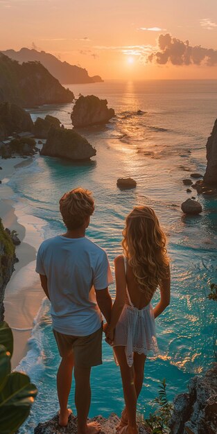 A beautiful couple looking at a beautiful beach