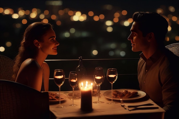 Beautiful couple in love having romantic dinner at night. young couple enjoying a romantic dinner by candlelight, outdoor. Happy couple on summer evening having romantic dinner.