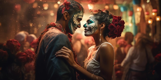 Beautiful couple with Mexican skulls makeup on their faces dressed for Day of the Dead in Mexico