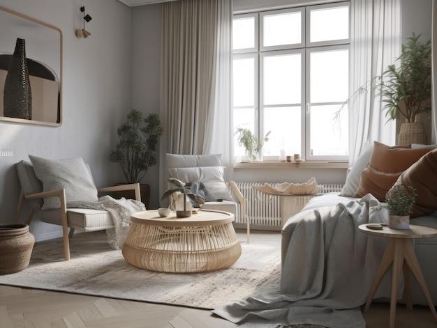 Beautiful cozy beige scandinavian living room with wooden furniture Generative AI